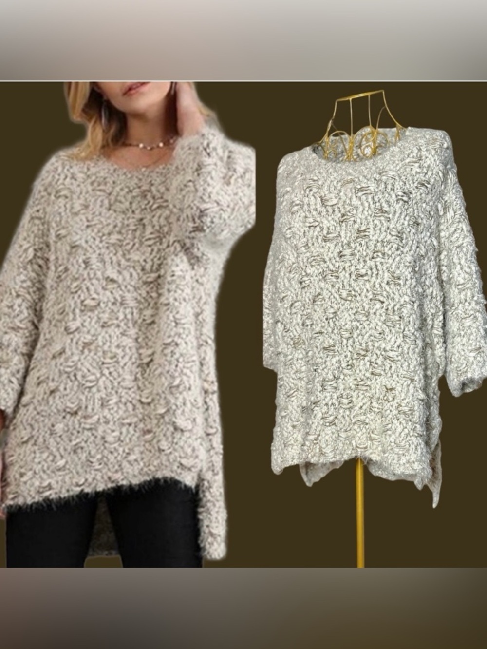 Umgee Chunky Knit Basket Weave Soft Oversized Hi-Low Sweater, Cream & Brown, S